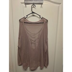 SHEIN Curve 2XL Pink Open Knit Pearl Back Draped Mesh Sweater Viscose Boho Glam
